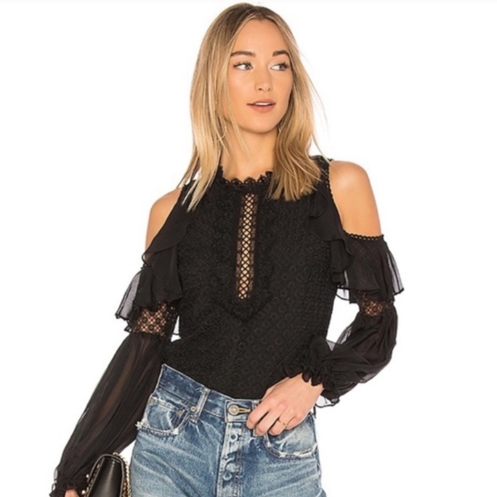 AMUR Black Lace Blouse with Ruffle Sleeves size M